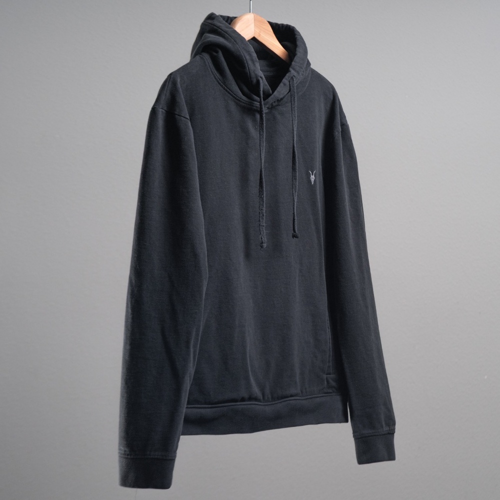 AllSaints Men’s Lg Hoodie Raven Black Pullover French Terry Pocket LS Sweatshirt